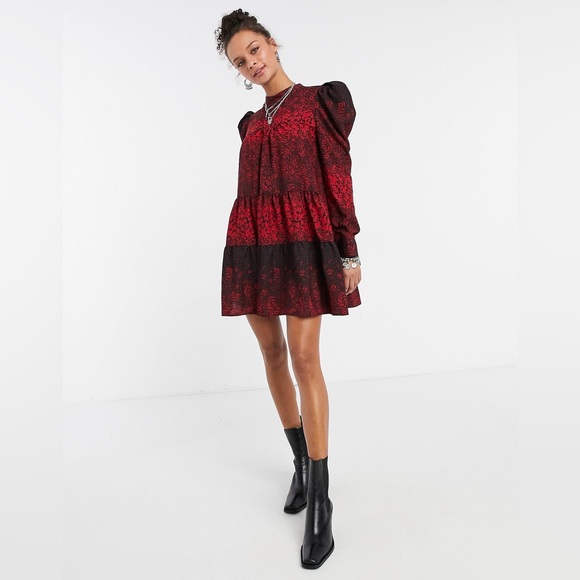 Topshop High Neck Puff Sleeve Mini Dress in Red Print - Picture 2 of 6